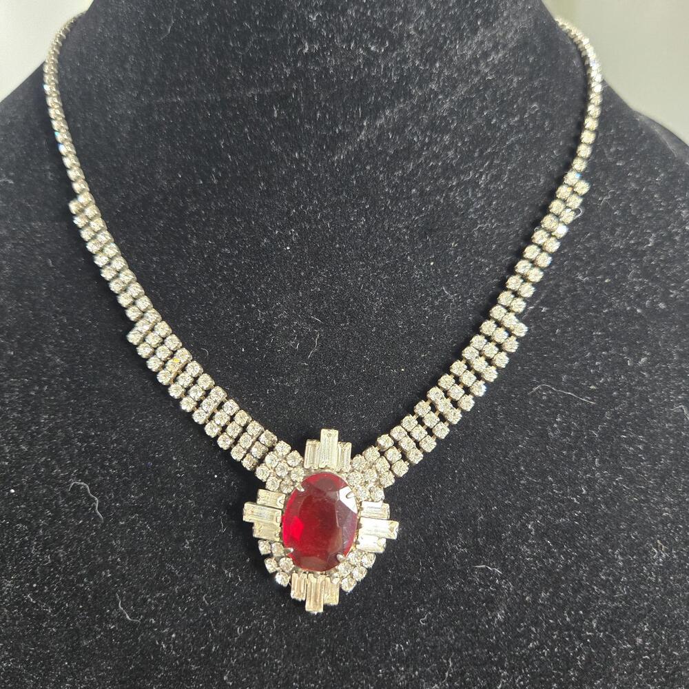 Vintage Art Deco Style Ruby Red Glass Rhinestone Statement Necklace Hollywood